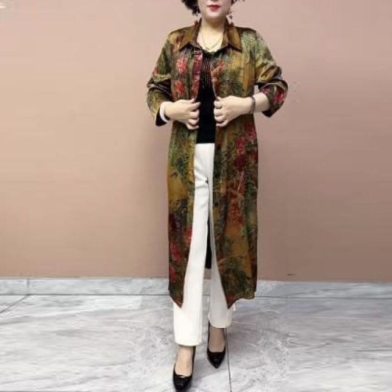 중간 길이 프린트 단추 바람막이, 긴팔, 출퇴근 중년 엄마 캐주얼 코트, 2023 가을 패션 신상