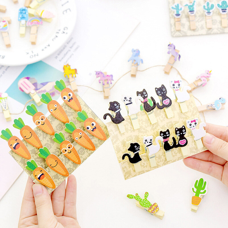 10 Buah Klip Kayu Mini Klip Kertas Model Unicorn Kucing Kawaii Kartun Kreatif Klip Foto DIY Hadiah Anak Dekoratif