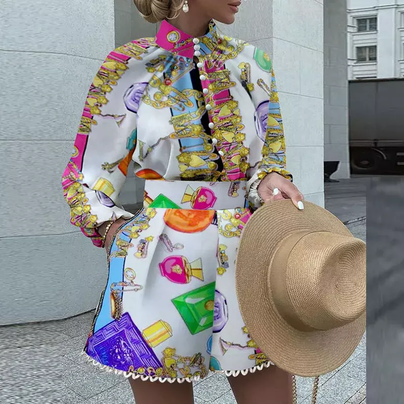 2024 New Holiday Style Vintage stampato colletto alla coreana camicia con bottoni Lady Fashion Pocket Shorts abiti primavera ed estate donna