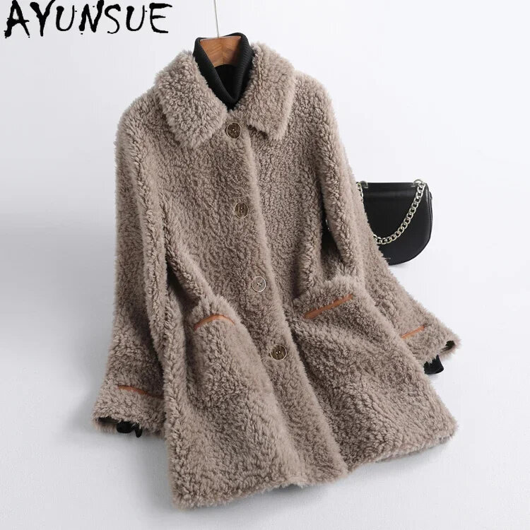 100% AYUNSUE 여성용 양모 코트, 우아한 양 전단 재킷, 캐주얼 싱글 브레스트 모피 코트, 2024 가을 겨울 신상
