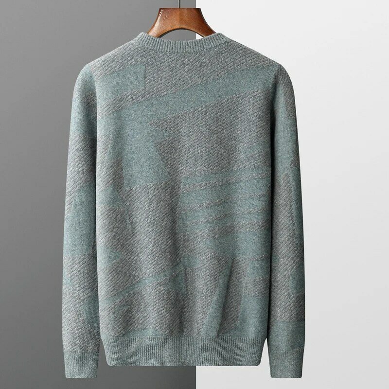 Sweater wol murni leher bulat pria, baju pullover longgar ukuran besar Joker musim gugur/musim dingin 100%