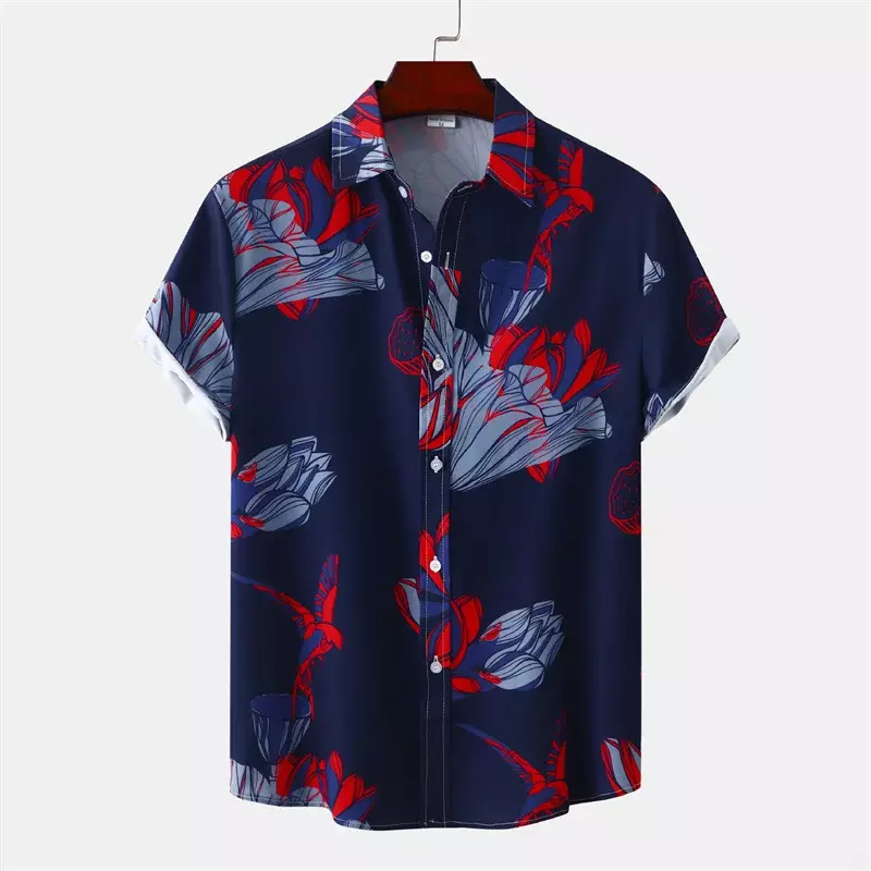 Camisa havaiana de cenário natural masculina, estampa de montanhas e plantas, tops de mangas curtas, blusa de praia e rua, roupas masculinas, verão
