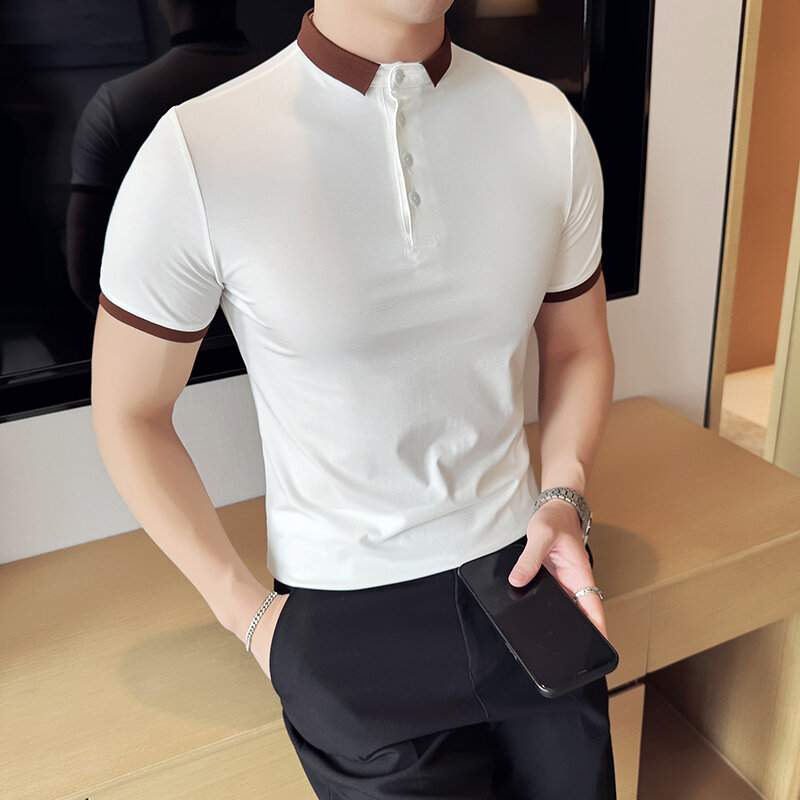 Camisa polo de seda gelo masculina, cores contrastantes com lapela, camiseta de manga curta, camiseta casual de negócios, moda verão 2022