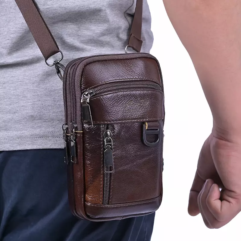 Cinturón de cuero genuino con hebilla para hombre, bolso de un solo hombro para teléfono móvil, Vertical, impermeable, para llevar al aire libre, doble capa
