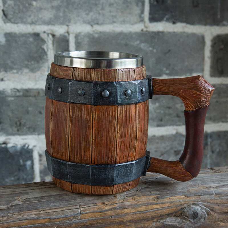 Viking Wood Style Beer Mug Simulation Wooden Barrel Beer Cup Double Wall Drinking Mug Metal Insulated 1PCS Bar Drinking кружка