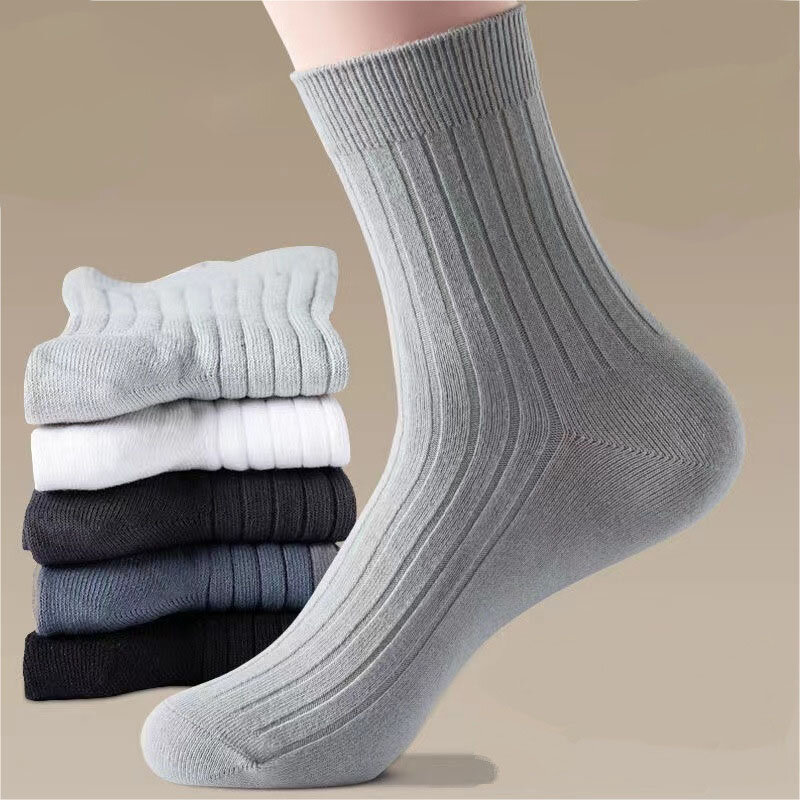Calcetines gruesos de tubo medio para hombre, medias deportivas de Color sólido, absorbentes de sudor, transpirables, Color negro, negocios, otoño e invierno, 5 pares