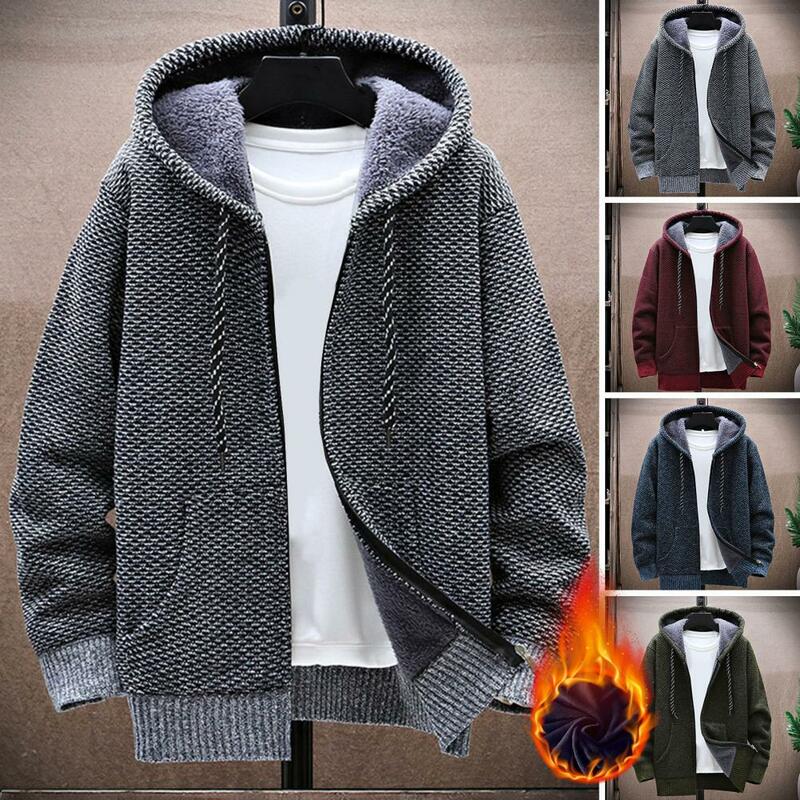 Men Hooded Jacket Winter Thickened Plush Lining Sweater Coat Long Sleeve Men Coat Pockets Zipper Placket Cardigan Knitted Jacket