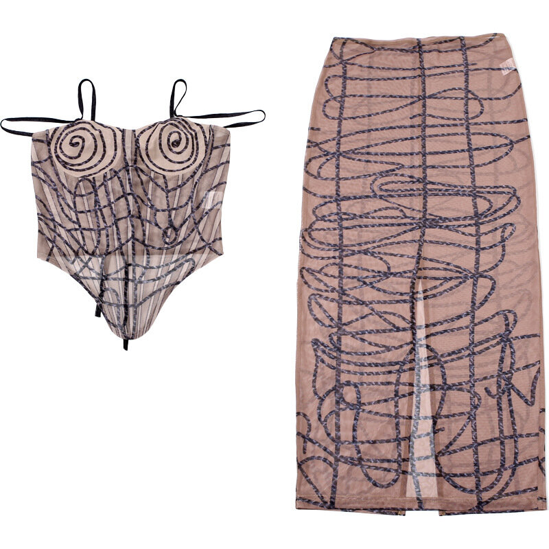Mesh See Through 2 Pieces Set 2024 Summer New Fashion Stripe Print Camis Corset Wrap Hip Long Skirt Party Clubwear