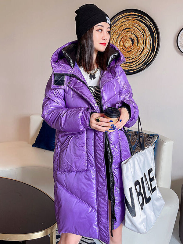 Doudoune à capuche longue pour femme, manteau en duvet, veste de neige chaude, optique décontractée, streetwear brillant, parka noire, hiver 2024