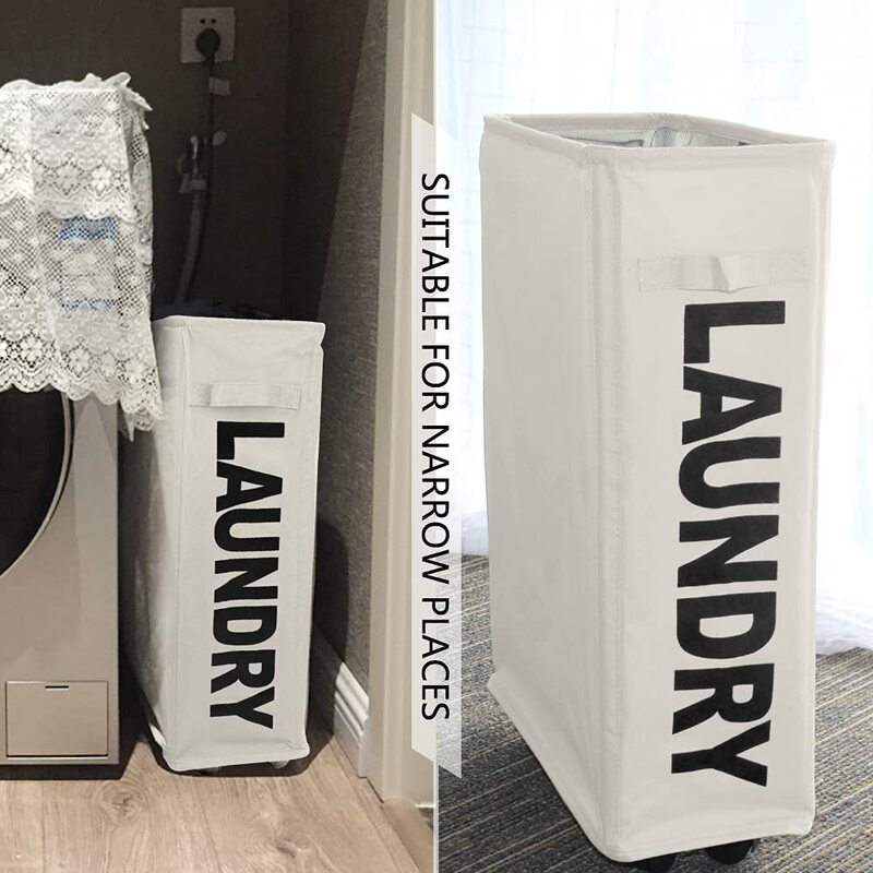 22" Rolling Slim Laundry Basket with Handle on Wheels Closet Storage Organizer Eco-friendly 600D Fabric Oxford