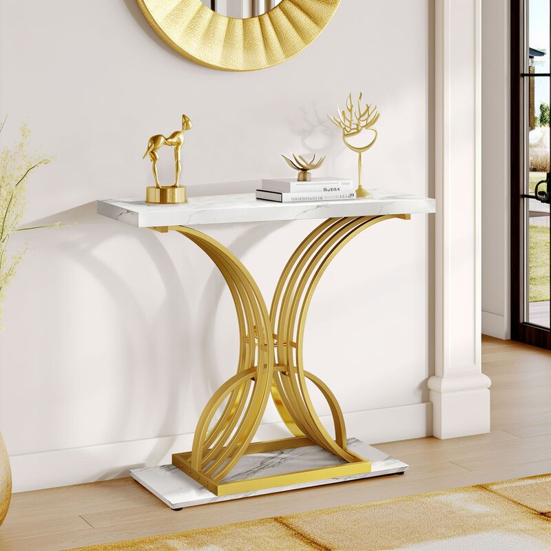 US Modern Gold Console Table 39" Entryway Table with White Faux Marble Living Room