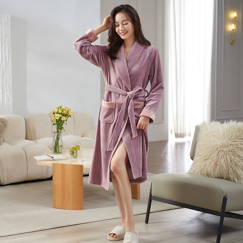 Women Sleepwear Robe Winter Island Velvet Thicken Terry Robe Female Long Sleeve Kimono Warm Bathrobe Home Wear Peignoir Robes