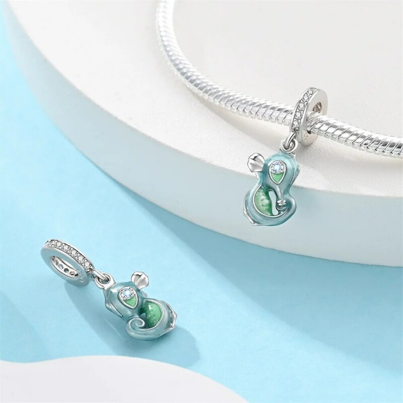 Abalorio clásico de Plata de Ley 925 para mujer, accesorio de joyería con diseño de caballito de mar, azul y verde, compatible con pulsera Pandora