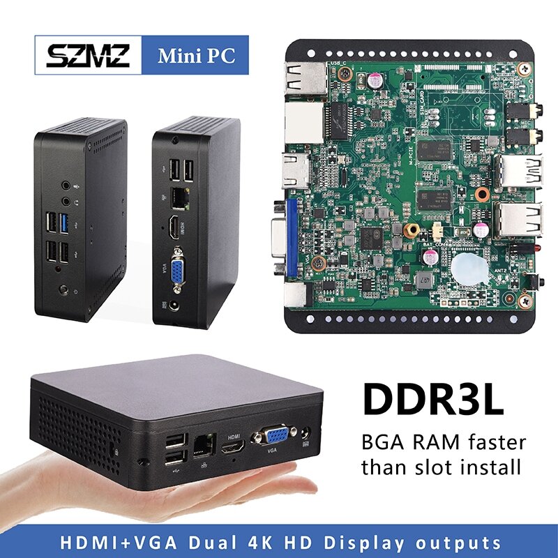 SZMZ-Mini PC X5 Z8350, 1.92GHz, 4 Go de RAM, 64 Go SSD, Wnidows 10, Linux, ordinateur de bureau, prise en charge HDD 2.5 pouces, VGA et HD, sortie touristique, Minpc