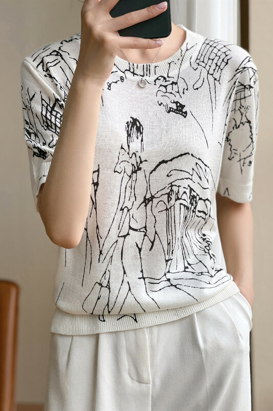Damen Kurzarm T-Shirt Stricken Pullover Mode Sommer Dünne Abschnitt Graffiti Koreanische Runde Kragen Lose Pullover Street Style