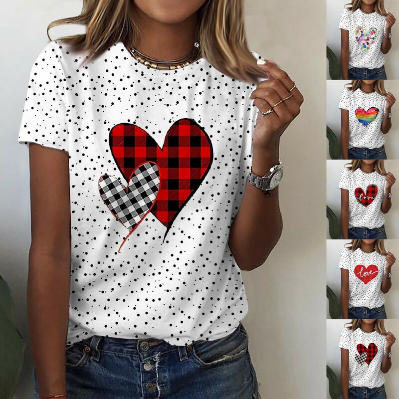 Women Casual Valentine's Day Chic Print Shirt  Short Sleeve Tee Tops Tunic Valentine's Day Elegant And Youth Woman Blouses