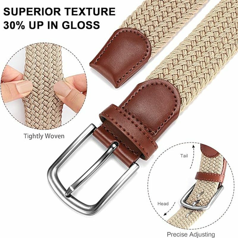 Paquete de dos cinturones elásticos para hombre, cinturón informal tejido de 1 3/8 "con caja de regalo