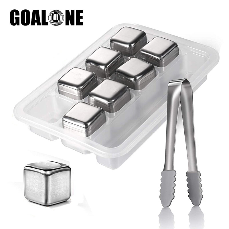GOALONE 4/6/8Pcs Whiskey Stones Reusable Ice Cubes Stainless Steel Ice Coolers with Tong for Whiskey Vodka Liqueurs Wine Barware