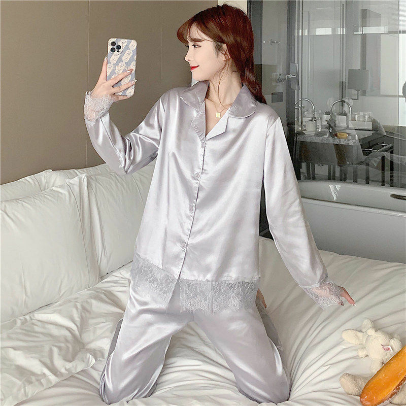 Pijama de manga larga con borde de encaje para mujer, conjunto de dos piezas de seda de hielo, cárdigan exterior, ropa de salón de princesa, primavera y otoño