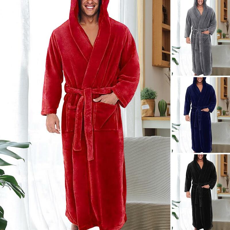 Long Sleeve Pocket Belt Solid Color Men Bathrobe Winter Warm Hooded Long Coral Fleece Home Gown Sleepwear Nightwear Lounge Wear