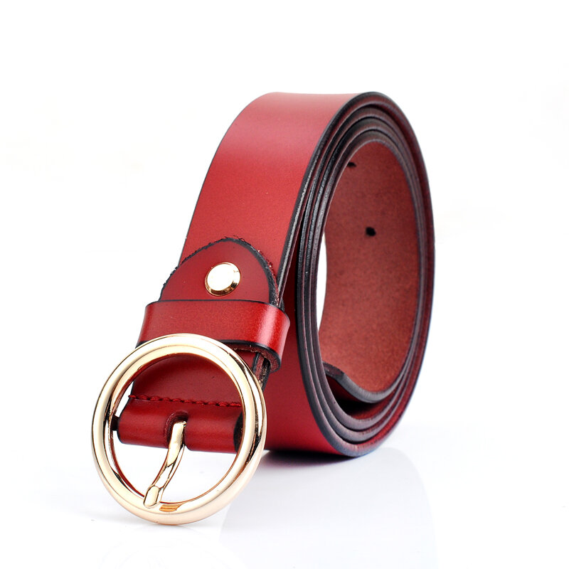 Cinturón de vestir informal de cuero genuino para mujer, cinturón de moda con hebilla de anillo redondo de Metal para pantalones vaqueros, ajustable