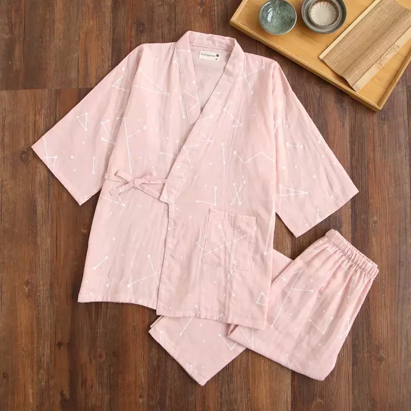 일본 스타일 7 소매 기모노 잠옷 세트, 100% 면 거즈 홈 의류, 귀엽고 달콤한 투피스, 용수철 가을, 2024 신상