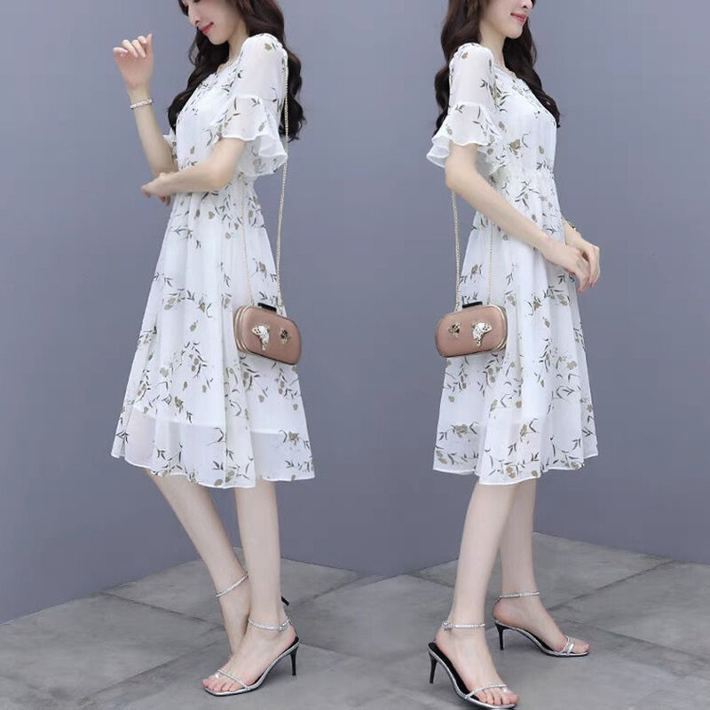 ผู้หญิงหวาน O-Neck ชุดชีฟอง2022พิมพ์ดอกไม้แขนสั้น Elegant Dress Chic เอวบางเอวอารมณ์ Ruffles ชุด Midi