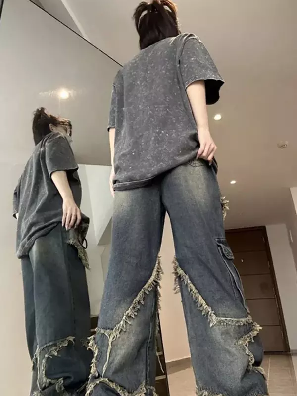Celana Jeans kargo wanita celana Hem mentah berpanel ukuran besar longgar jalanan wanita 2023 celana panjang Denim wanita Hip Hop biru antik
