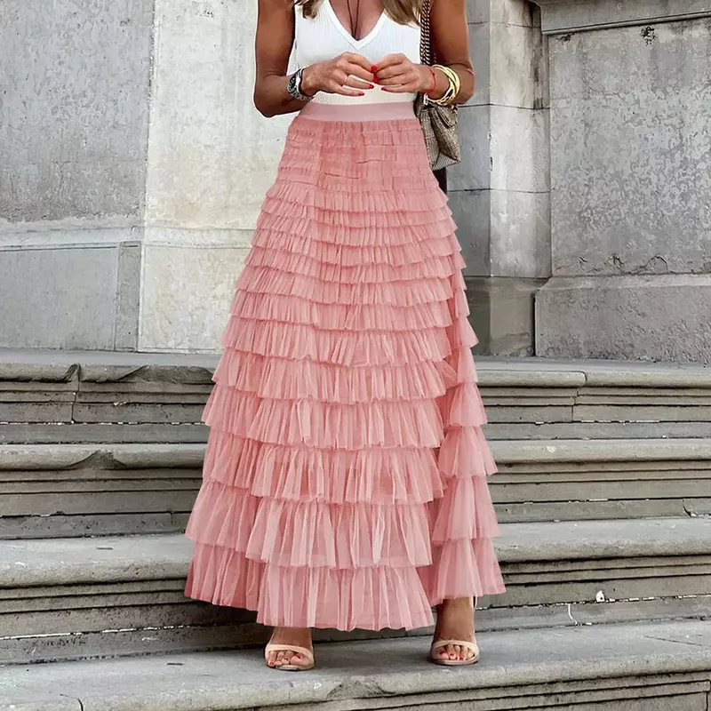 Женская сетчатая Прозрачная Юбка макси с оборками, летняя Милая пляжная юбка для отдыха, привлекательная длинная юбка в стиле ретро, 2024