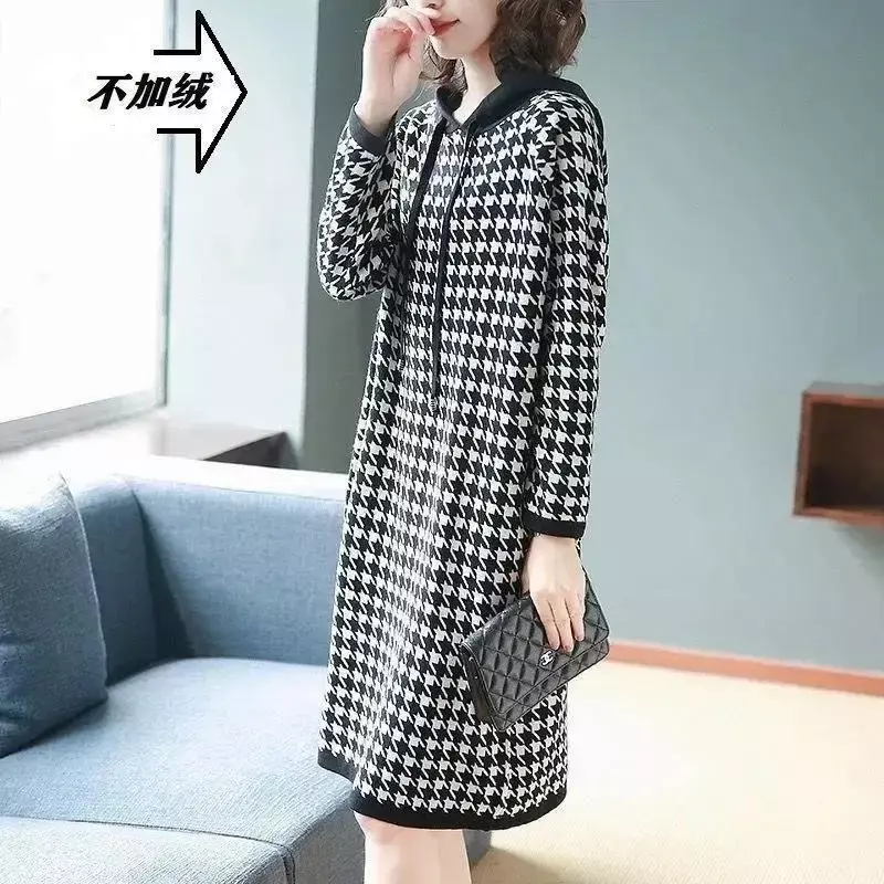 QNPQYX Women's Pullovers Autumn New Fashion Houndstooth Hooded Sweater Hoodie Dresses Winter Long-Sleeved Base Dress Female