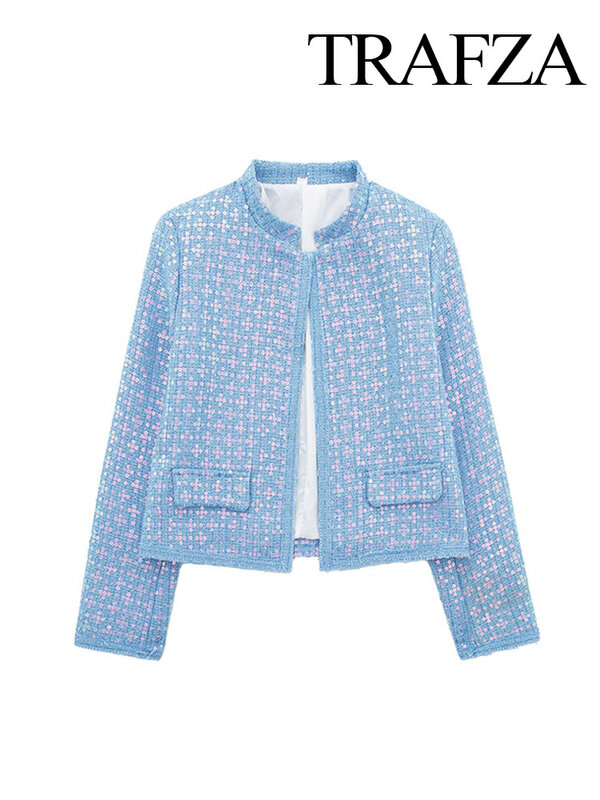 TRAFZA-Casaco azul curto feminino com bolsos, jaquetas com gola O, mangas compridas, decoração de lantejoulas, moda feminina, estilo de rua, primavera