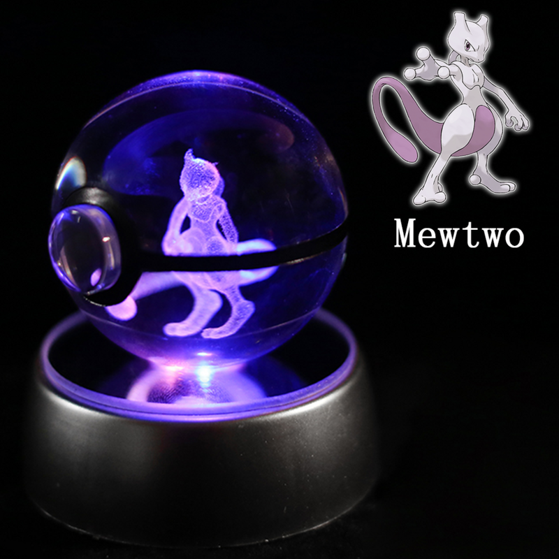 Pokemon Gengar bola kristal 3D hadiah Anime, bola kristal Pikachu figur Pokeball Eevee Mew Charizard dengan lampu Led dasar mainan