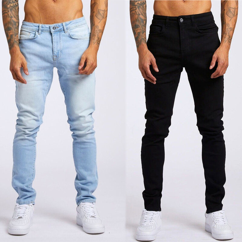New Mens Jeans Trend Black Slim High Waist Denim Pants Men Four Seasons Full Length Solid Slim Fit Trousers Men Skinny Jeans