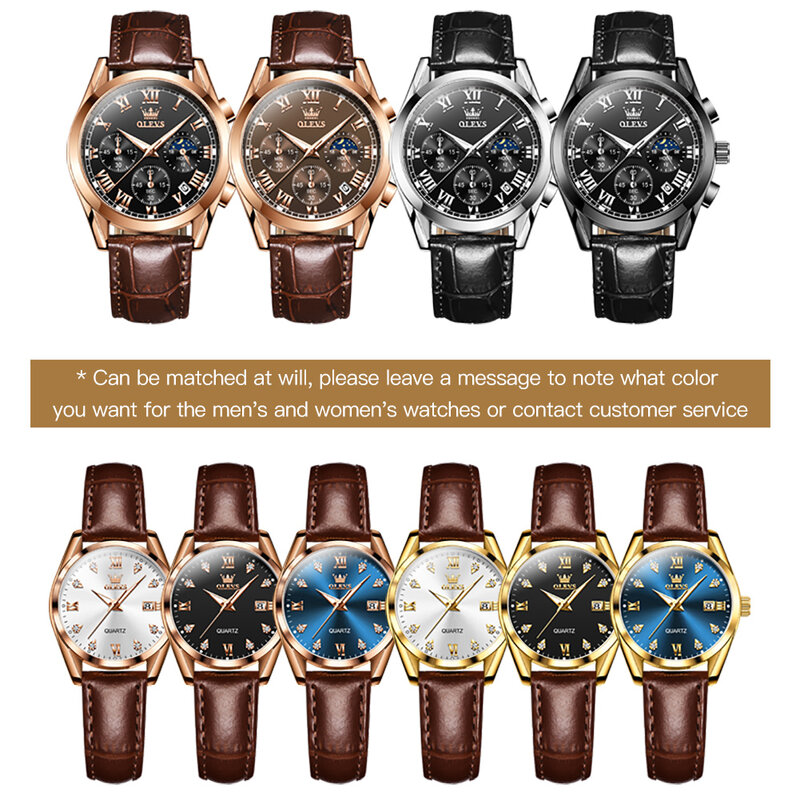 Olevs Lover Horloges Topmerk Luxe Paar Quartz Horloge Waterdicht Lederen Horlogeband Horloge Voor Dames En Heren Paar Cadeau