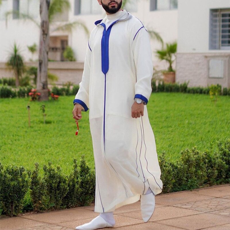 Patchwork Stand Collar Muslim Mens Long Sleeve Thobe Middle East Saudi Arab Kaftan Islamic Abaya Dress Dubai Robes