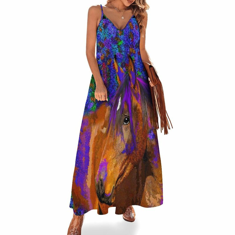 Женское платье без рукавов, с рисунком лошади и фиолетового цвета, элегантное платье для выпускного вечера, лето 2024