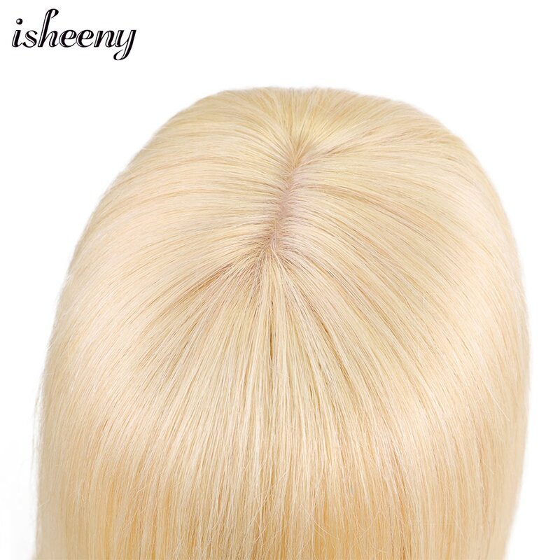 Toupet à frange naturelle blonde pour femme, cheveux humains à clipser, partie médiane, perruque supérieure, 8 "-18", 13x13cm