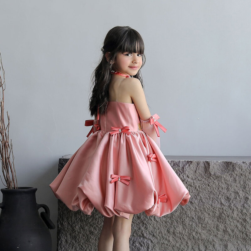 Jill Wish Elegant Pink Arabic Flower Girl Dresses with Glove Dubai Backless for Kids Wedding Birthday Holiday Party Gown J100