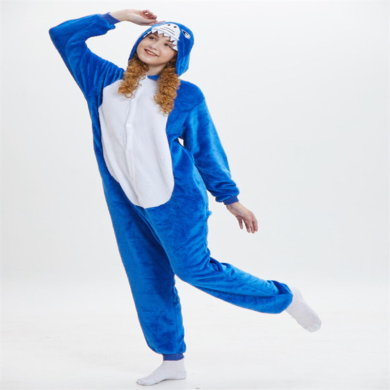 Piyama Unisex, Jumpsuit Kigurumi Ankle pakaian tidur pasangan dewasa Cosplay kartun hiu bertudung satu potong