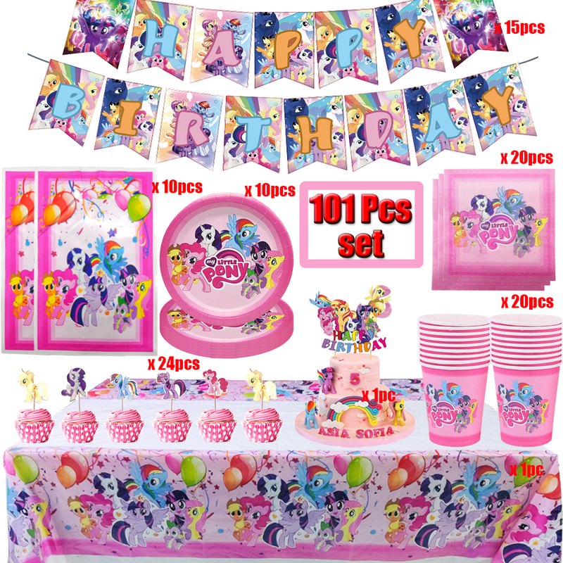 Cartoon Little Pony Party Decoration forniture di compleanno magiche tazza di carta piatto posate palloncini Baby Shower Cake regali per bambini