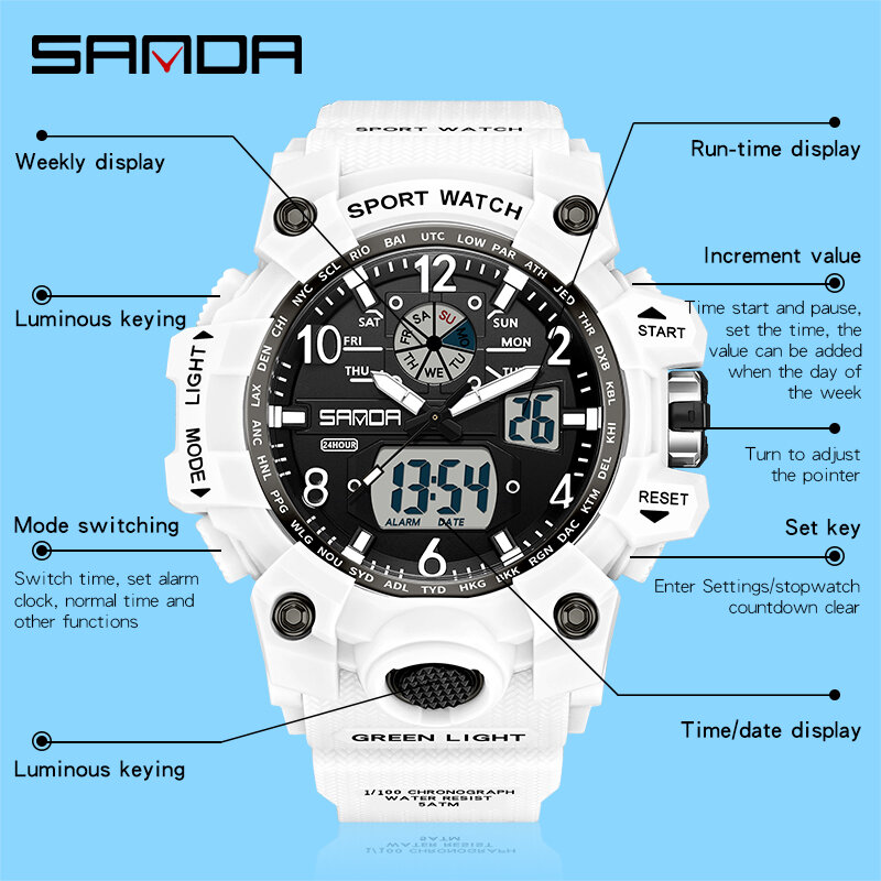 SANDA jam tangan elektrik pria, arloji kepribadian Korea olahraga anak muda 2024 3306
