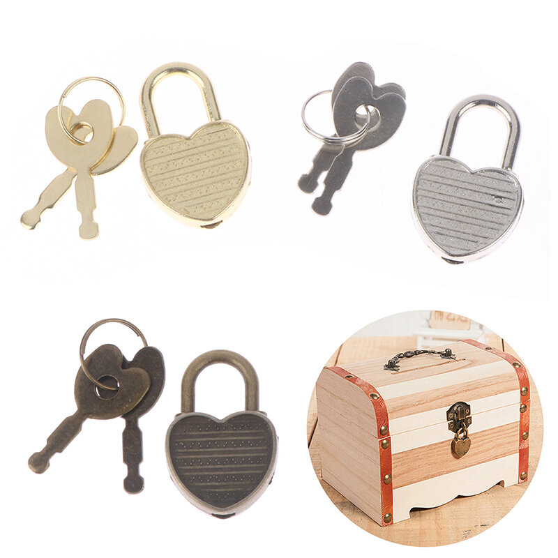 1Set Heart Shape Padlocks Mini Luggage Hardware Locks With Key Lock For Travel Wedding Jewelry Box Diary Book Suitcase