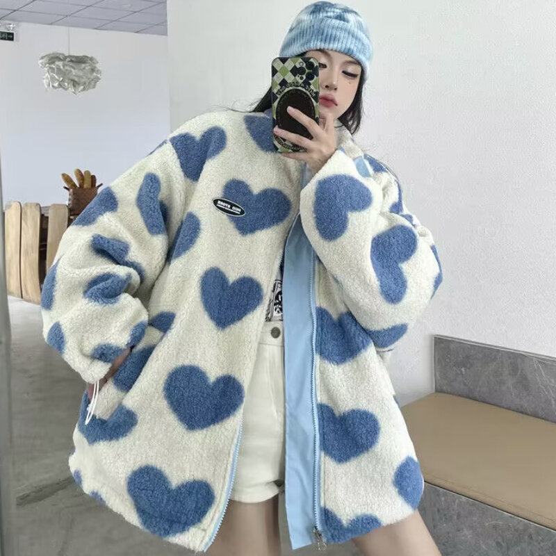 Women Double-sided Wear Loving Heart Lamb Wool Coat Winter New Female Loose Casual Padded Jacket Fashion Stand-up Collar Outwear