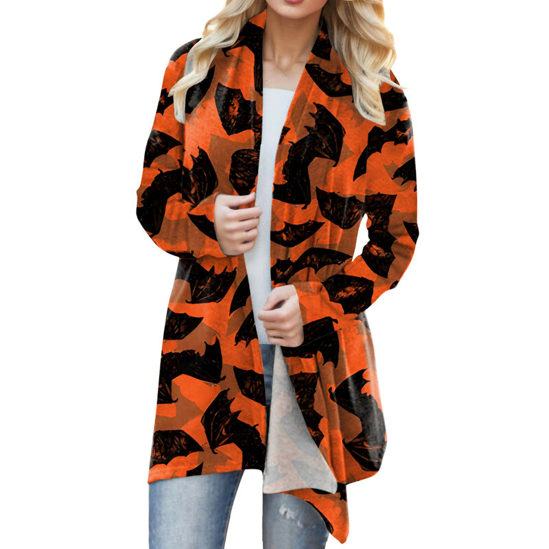 Women‘s Cardigan Fashion 2023 Halloween Print Western Ethnic Jacket Long Sleeve Coat Female Autumn Winter Plus Size Clothes