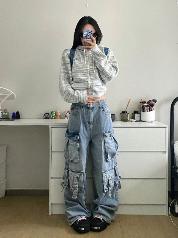 American Street Workwear Multi-Pocket Heavy Lndustry Design Jeans Female Y2K Gothic Fashion Punk Style Loose Floor Mopping Pants