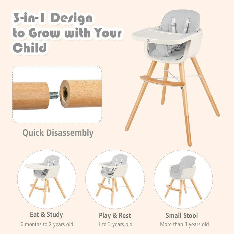 Costzon High Chair, 3-in-1 Eovable Tray, 5-Point Harness, PU Cushion and Footrest for Baby, High Chair for Babies and Toddlers