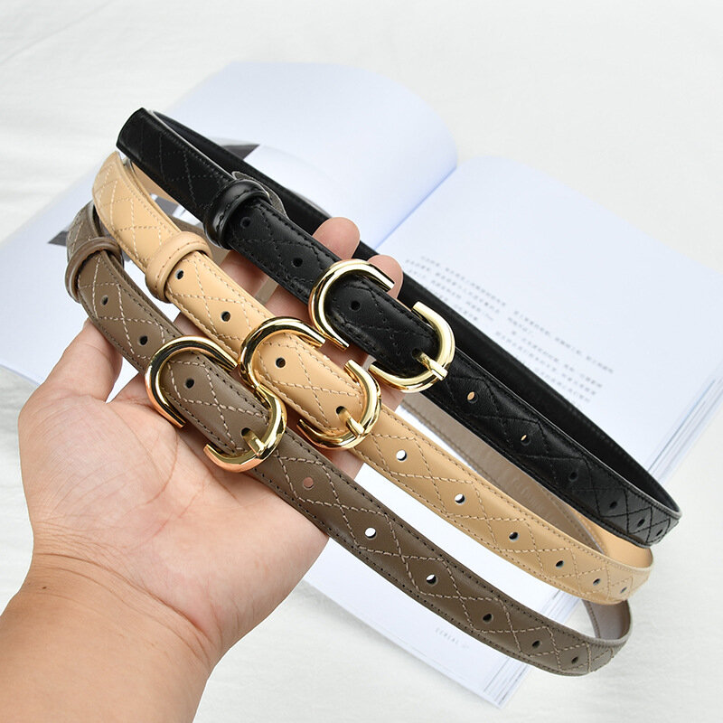 2.0cm Genuine Leather Narrow Diamond Grid Belt Fashionable Women Business Travel High-Quality Personalized Versatile Jeans Belt
