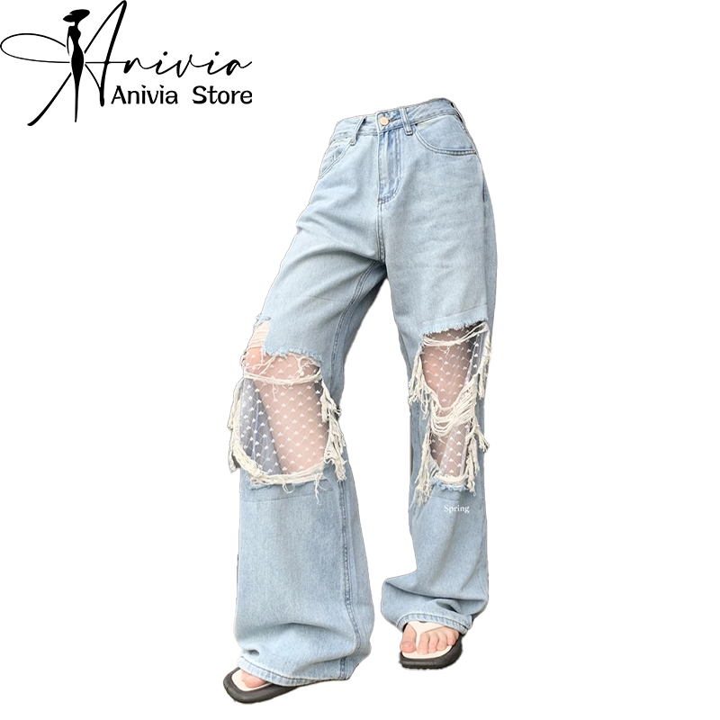 Kobiety Niebieski Vintage Y2k Patchwork Lace Jeans Baggy Harajuku Ripped Denim Trousers Japanese 2000s Style Jean Pants Trashy Clothes