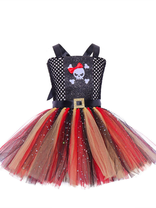 Conjunto de roupas cosplay infantil Halloween, Pirate Play Costume, Meninas Party Tutu Dress, Maquiagem Ball, Conjunto de vestido de caveira
