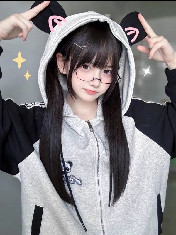 HOUZHOU Harajuku Patchwork bergaris Hoodie wanita mode Jepang Kawaii Streetwear Panda bordir longgar Sweatshirt lembut Gril